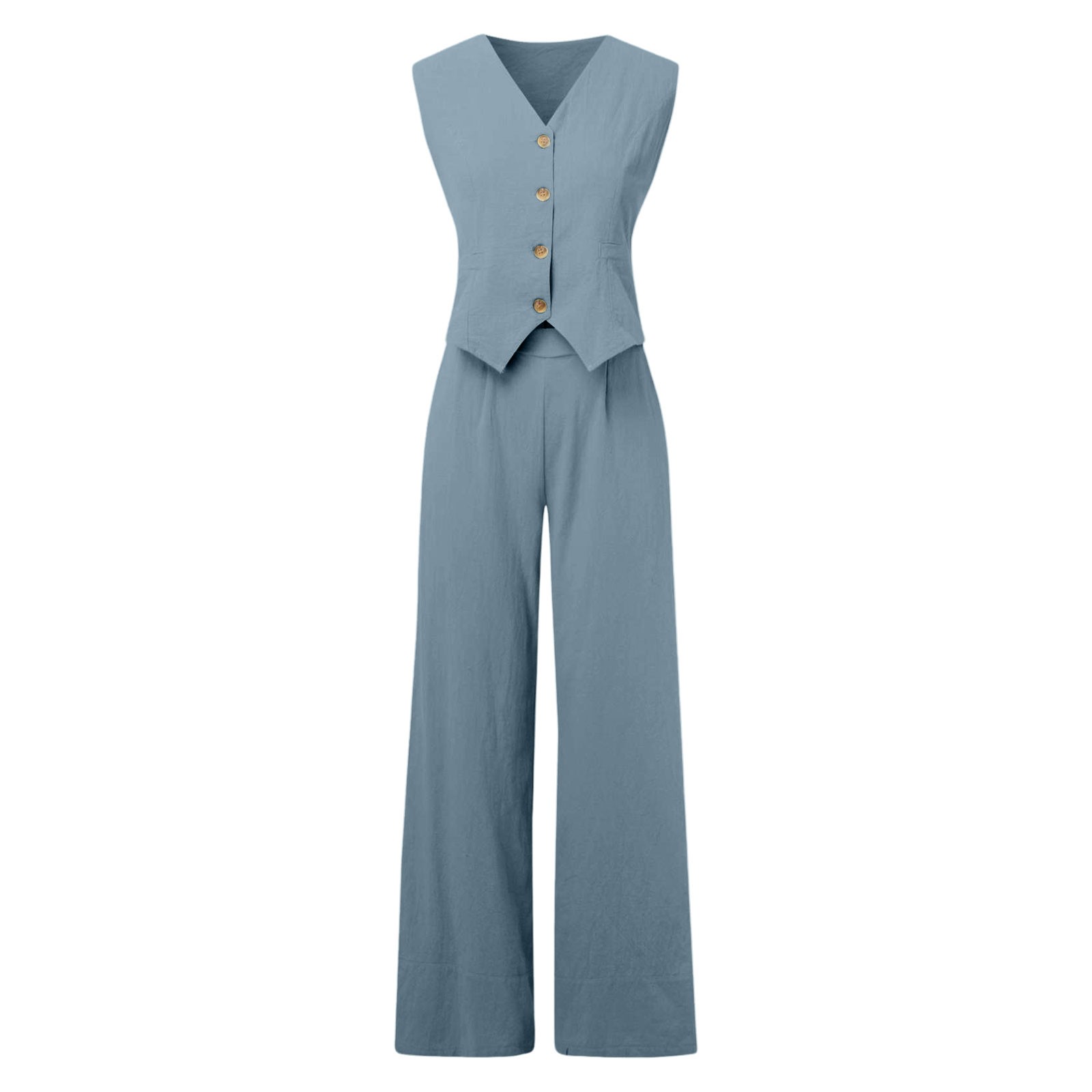 thumbnail image 4 of Conjunto de chaleco sin mangas con botones de algodón para mujer: pantalones anchos con bolsillos, mezcla de poliéster, atuendo informal de negocios, 4 of 5